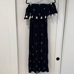 Navy Off-Shoulder Dress with White Tassels